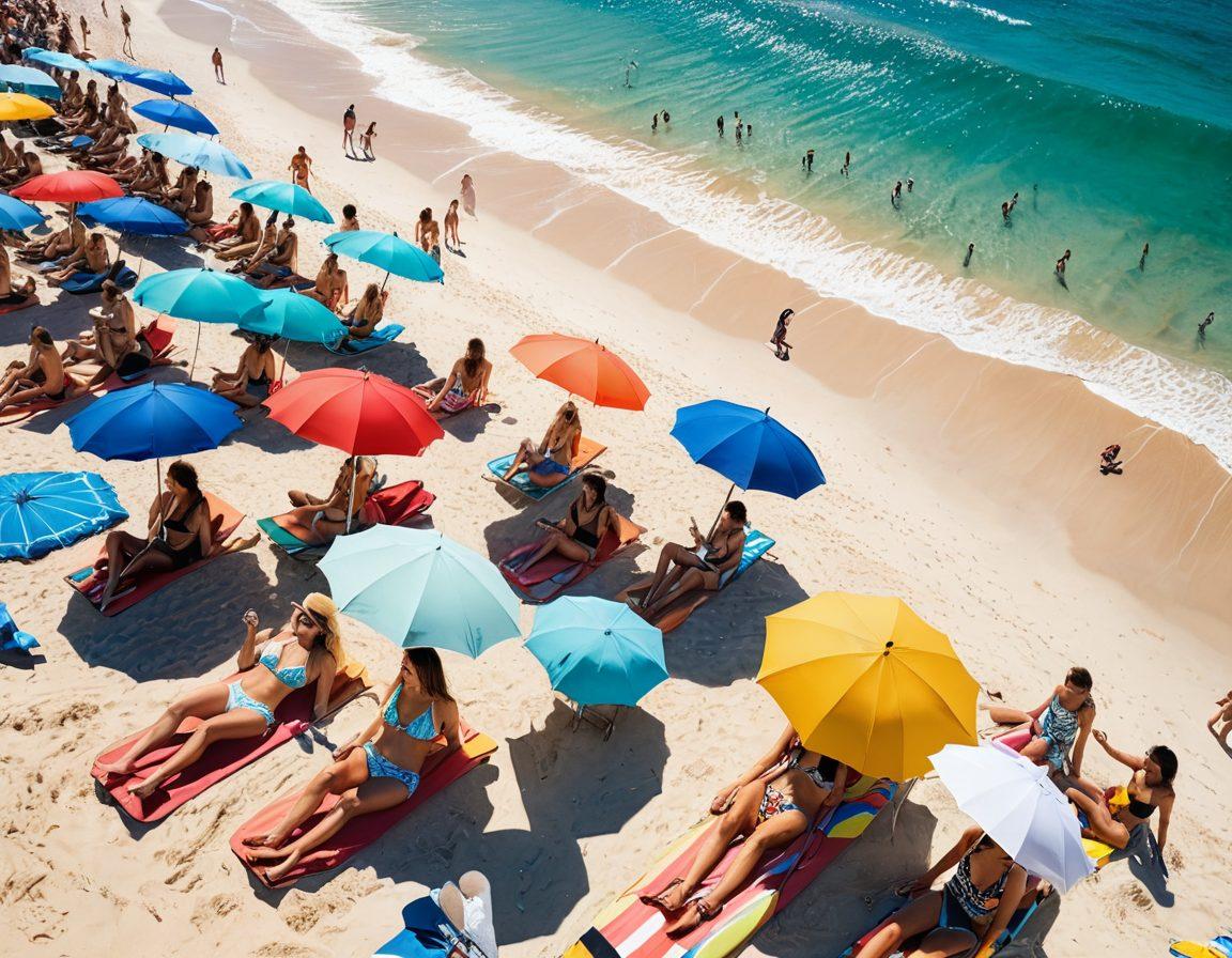 A vibrant beach scene featuring a diverse group of stylish individuals showcasing colorful swimwear and beach fashion. Include playful beach umbrellas, sun hats, and surfboards in the background, with crystal-clear water and a bright blue sky. The atmosphere should exude a joyful summer vibe, with sun-kissed skin and casual poses that reflect relaxation and fun. super-realistic. vibrant colors. cheerful beach setting.