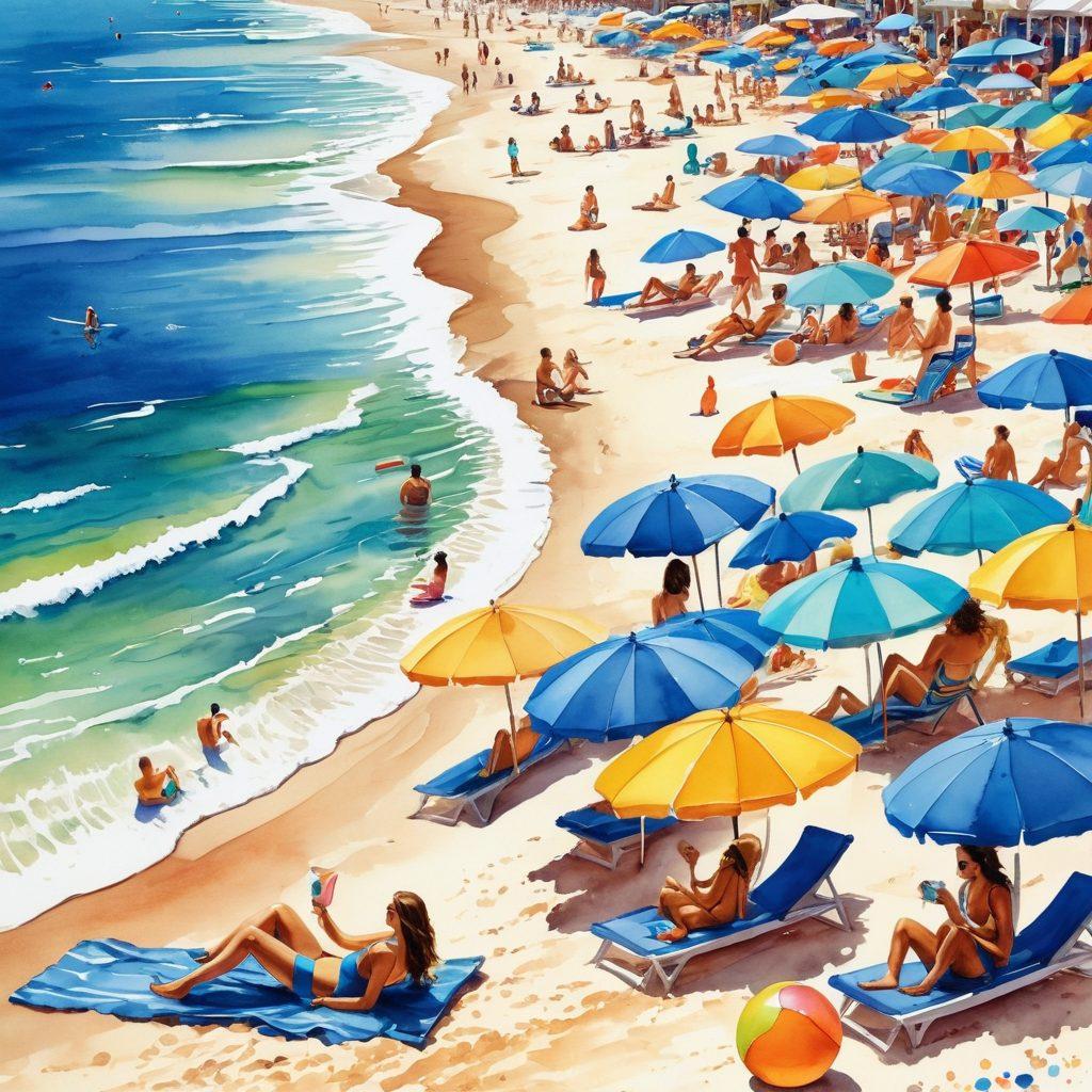 A vibrant beach scene featuring a diverse group of people enjoying summer activities. Showcase stylish swimwear, with some lounging in colorful sunbathing attire and others surfboarding on playful waves. Add beach umbrellas, sun hats, and beach balls for a lively atmosphere. Incorporate bright blue skies and golden sandy shores to evoke warmth and adventure. watercolor illustration. vibrant colors. sunny backdrop.